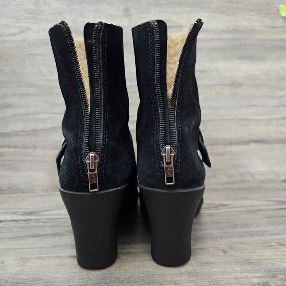 UGG Gissella Womens Suede Sheepskin Shearling Wedge Zip Black Ankle Boots 5593 - Picture 7 of 14